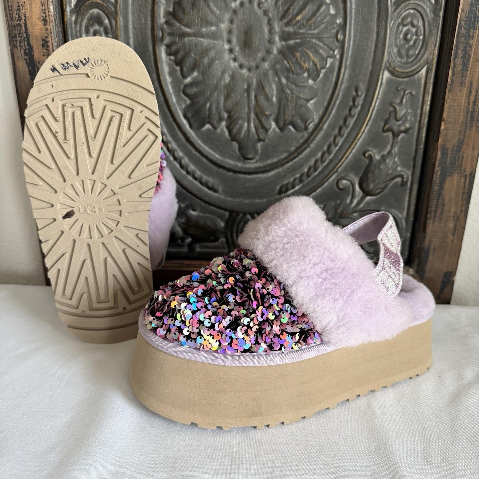 Ugg Funkette Stellar Sequin Shearling Purple Platform Slipper Slide Sandal Sz 6